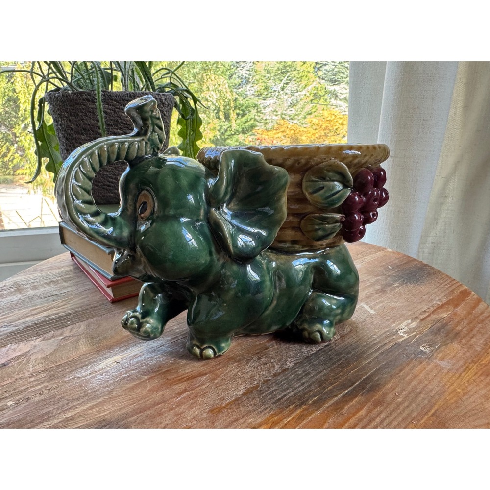 Vintage Green Ceramic Elephant Planter with Grape Basket Majolica Pot 
Succulent